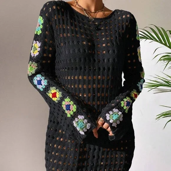 Black Boho Womens Floral Pattern Hollow Out Cover Up Dress - Picture 3 of 5